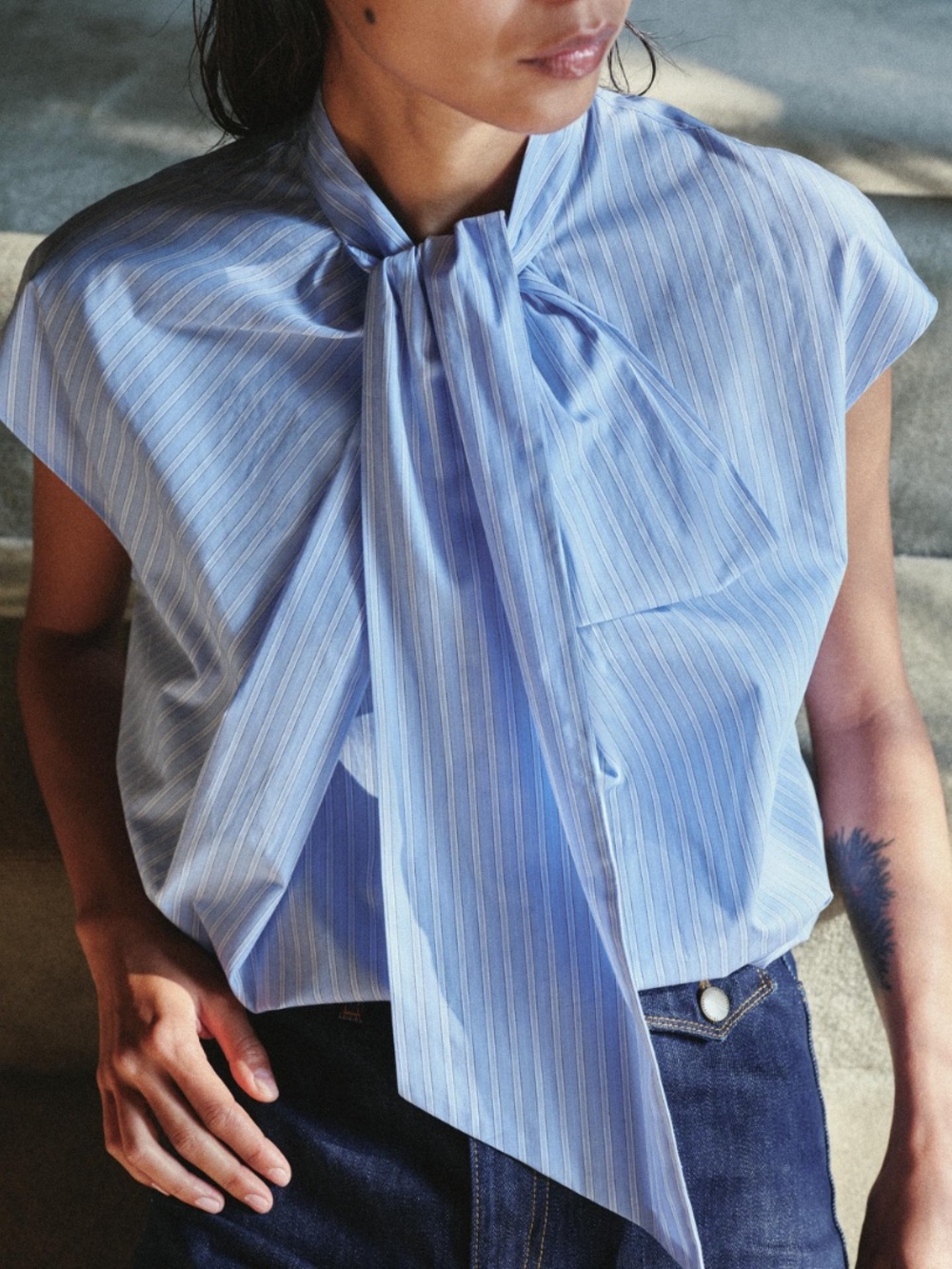 Zara Blue Striped Tie-Neck Cap Sleeve Blouse